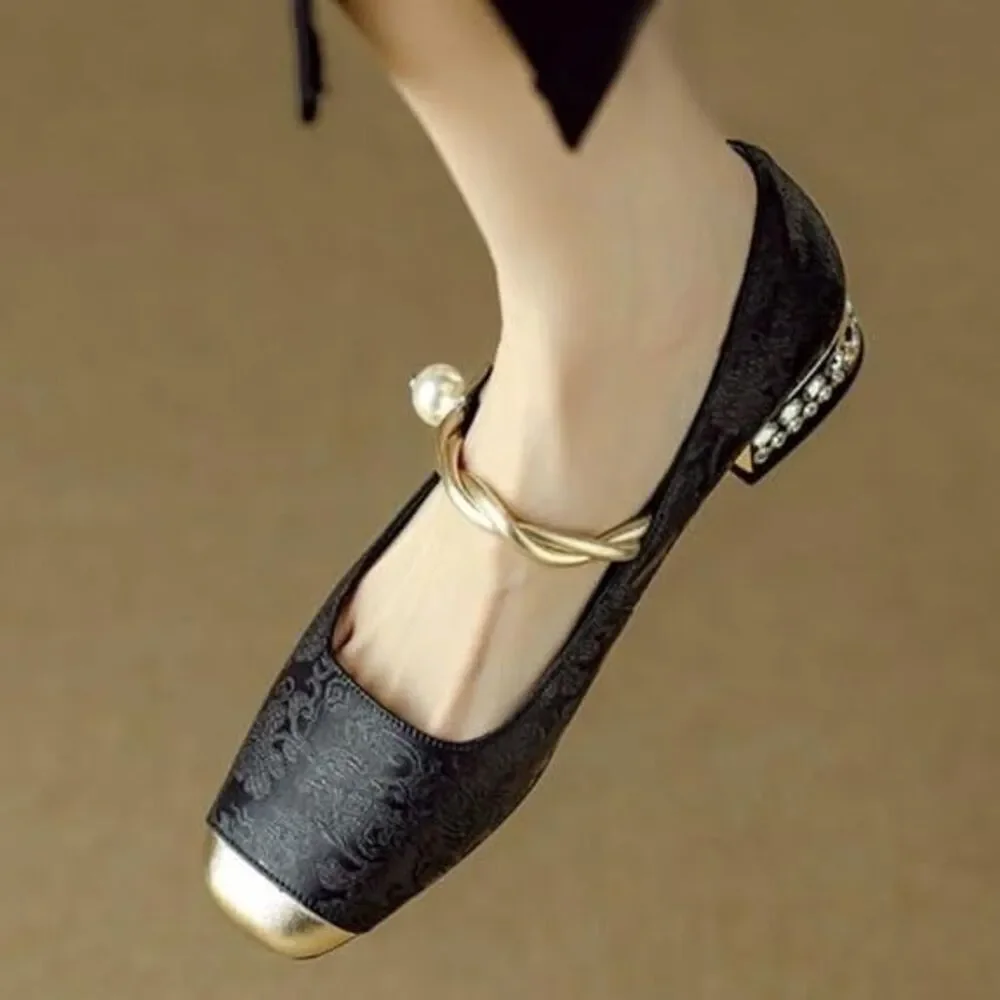 Women's Mary Jane Flats Retro Square Toe Low Heel Shoes with Pearl Size 8, New